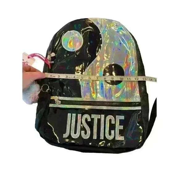 NWT Justice Ying & Yang Girls Backpack Holographic Silver with Pom Pom Keychain - Picture 3 of 10